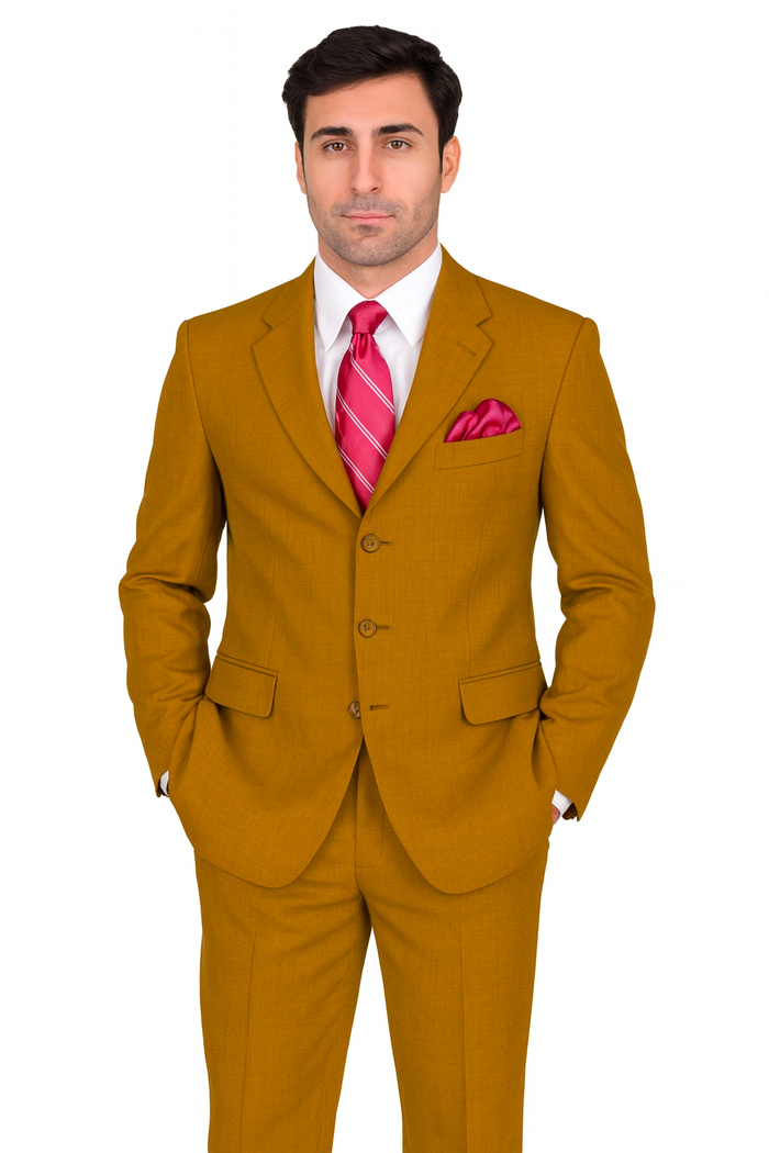 Mens 3 Button Classic Fit Poplin Suit in Tan