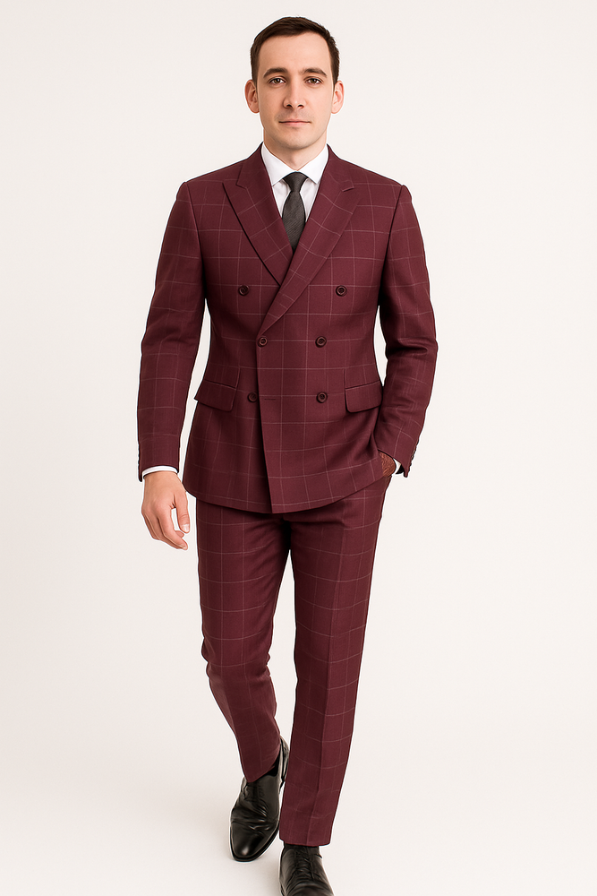 Naples Collection - Wine Modern Fit Double Breasted Windowpane Peak Lapel 2 Piece Suit