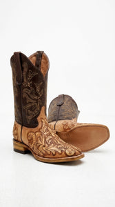 White Diamond Men’s Natural Hand-Tooled Western Boots, Square Toe Cowboy Dress Boots