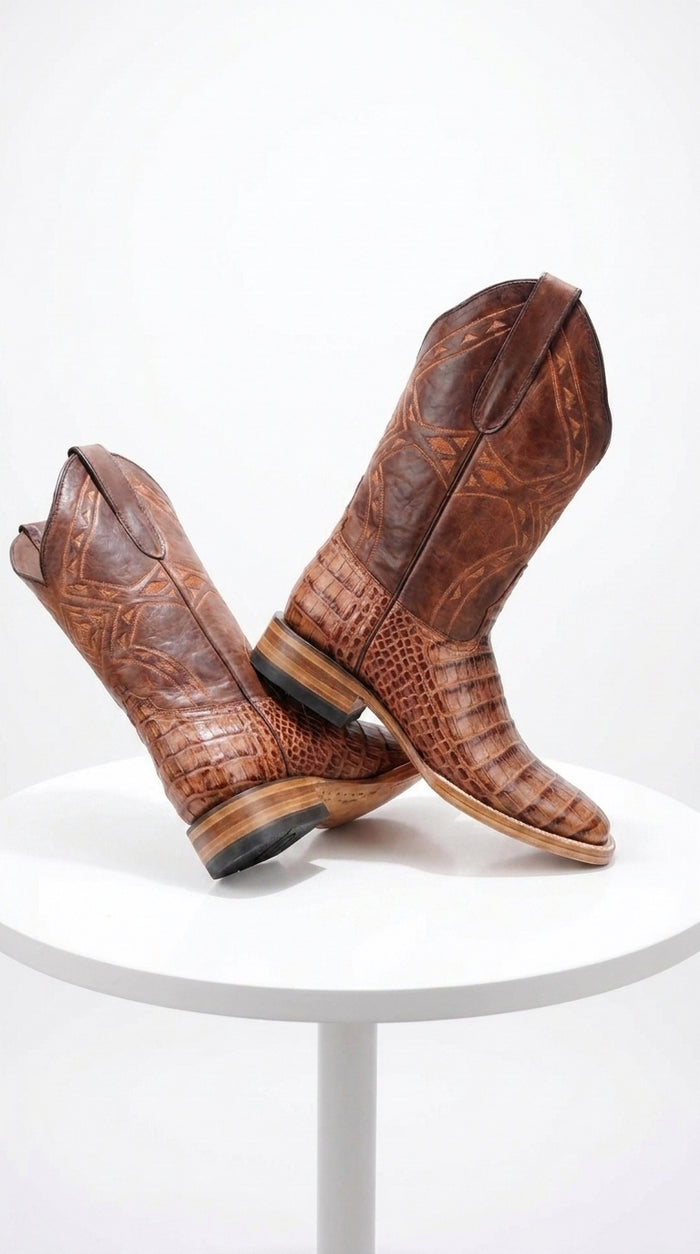 White Diamond Men’s Cognac Crocodile Print Boots, Western Cowboy Dress Boots