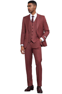 Men's Stacy Adams One Button Peak Lapel Vested Suit in Burgundy Pinstripe