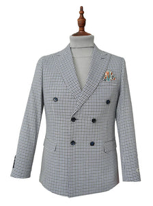 Blue Houndstooth Hybrid Fit Double Breasted Jacket