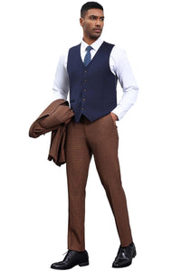 Men's Stacy Adams One Button Peak Lapel Vested Micro Check in Cognac Brown with a Navy Vest
