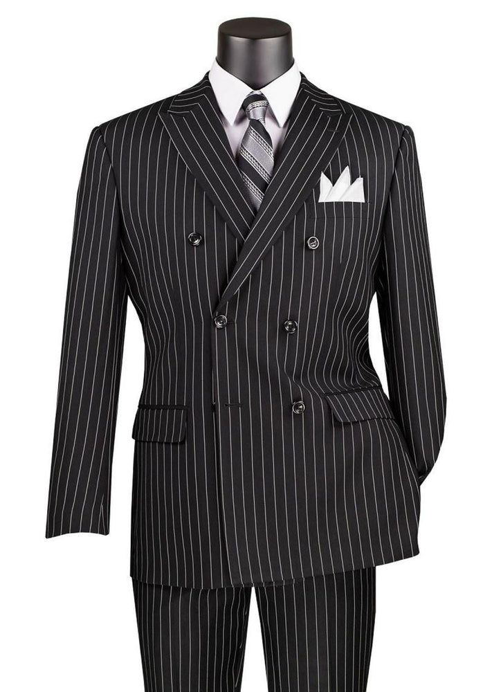 Rockefeller Collection - Double Breasted Stripe Suit Black Regular Fit 2 Piece