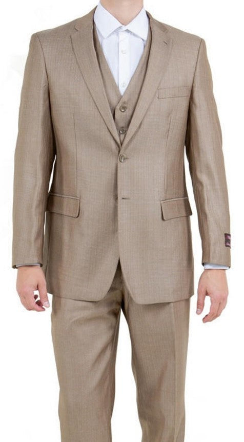 Mens Dark Tan 3 Piece Sharkskin Suit Single Breasted Notch Lapel Regular Fit