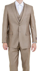 Mens Dark Tan 3 Piece Sharkskin Suit Single Breasted Notch Lapel Regular Fit