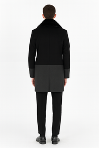 Men’s Double-Breasted Wool Overcoat with Faux Fur Shawl Collar – Classic Winter Dress Coat in Half Black and Charcoal