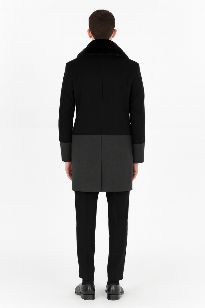 Men’s Double-Breasted Wool Overcoat with Faux Fur Shawl Collar – Classic Winter Dress Coat in Half Black and Charcoal