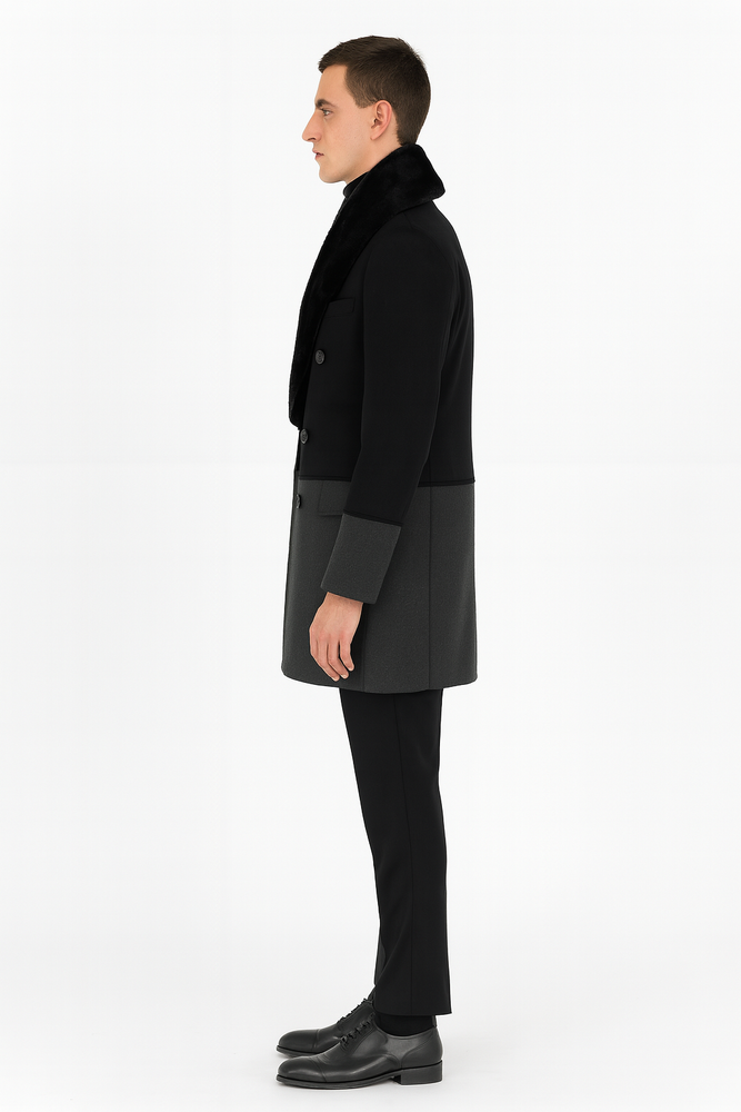 Men’s Double-Breasted Wool Overcoat with Faux Fur Shawl Collar – Classic Winter Dress Coat in Half Black and Charcoal