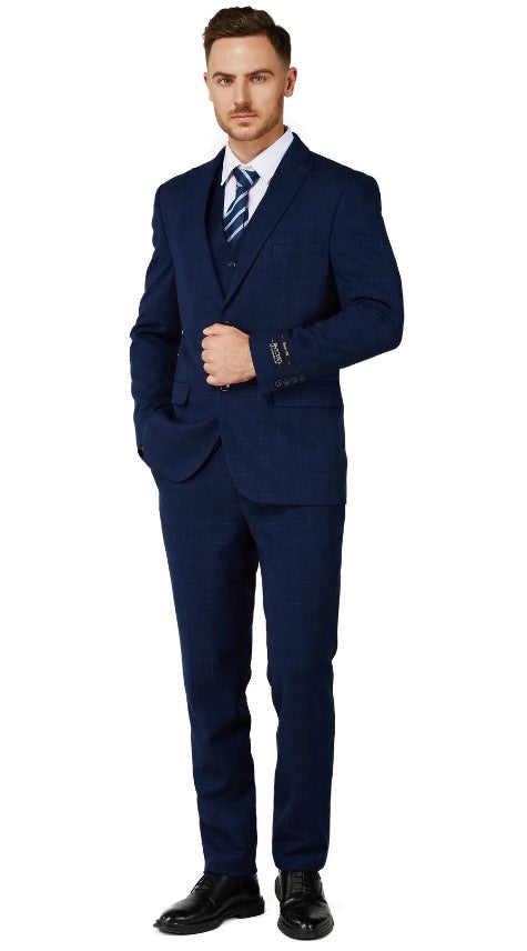 Mens Navy Checker Flat Front Pant Two Button Notched Lapel Suit Slim Fit