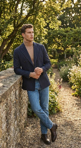 Men’s Double Breasted Navy Blue Pinstripe Blazer – Stripe Sport Coat Jacket