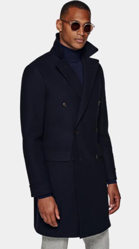 Double Breasted And Cashmere Overcoat - Navy 3/4 Length Car Coat