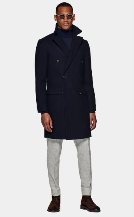 Double Breasted And Cashmere Overcoat - Navy 3/4 Length Car Coat