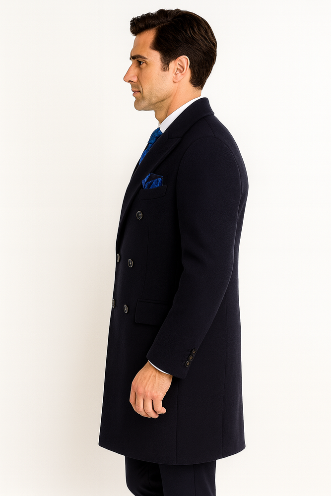 Navy Blue Overcoat - Blue Winter Topcoat - Fabric Double Breasted