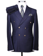 Mens Designer Modern Fit Double Breasted Wool Suit with Gold Buttons in Navy - Men's Tuxedo USA