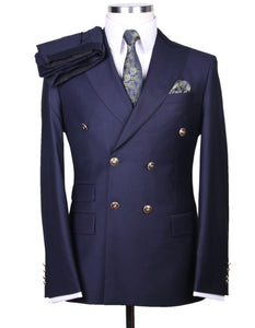 Mens Designer Modern Fit Double Breasted Wool Suit with Gold Buttons in Navy - Men's Tuxedo USA
