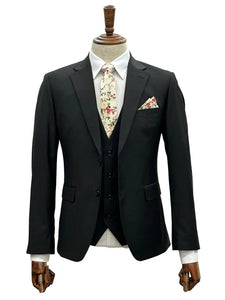 Mens Giovanni Testi 3 Piece Suit in Black – Notch Lapel 2 Button Jacket with Side Vents & Comfort Flex Waist Pants