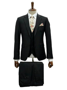 Mens Giovanni Testi 3 Piece Suit in Black – Notch Lapel 2 Button Jacket with Side Vents & Comfort Flex Waist Pants