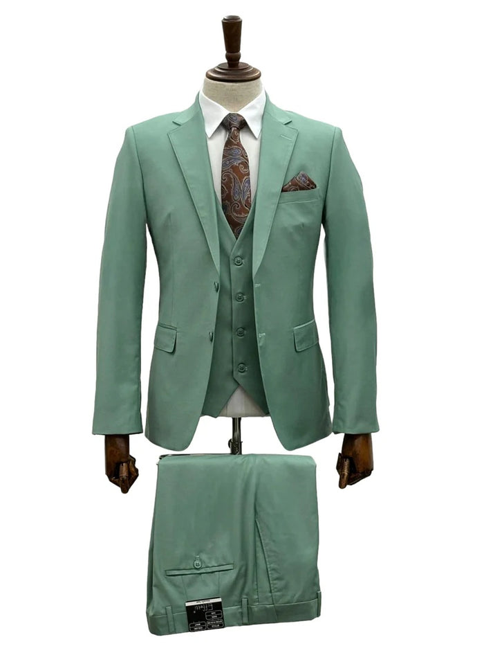 Mens Giovanni Testi Mint 3 Piece Suit – Modern Fit 2 Button Notch Lapel with Pick Stitching & Flex Waist Pants