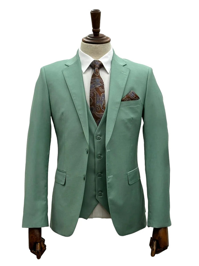 Mens Giovanni Testi Mint 3 Piece Suit – Modern Fit 2 Button Notch Lapel with Pick Stitching & Flex Waist Pants