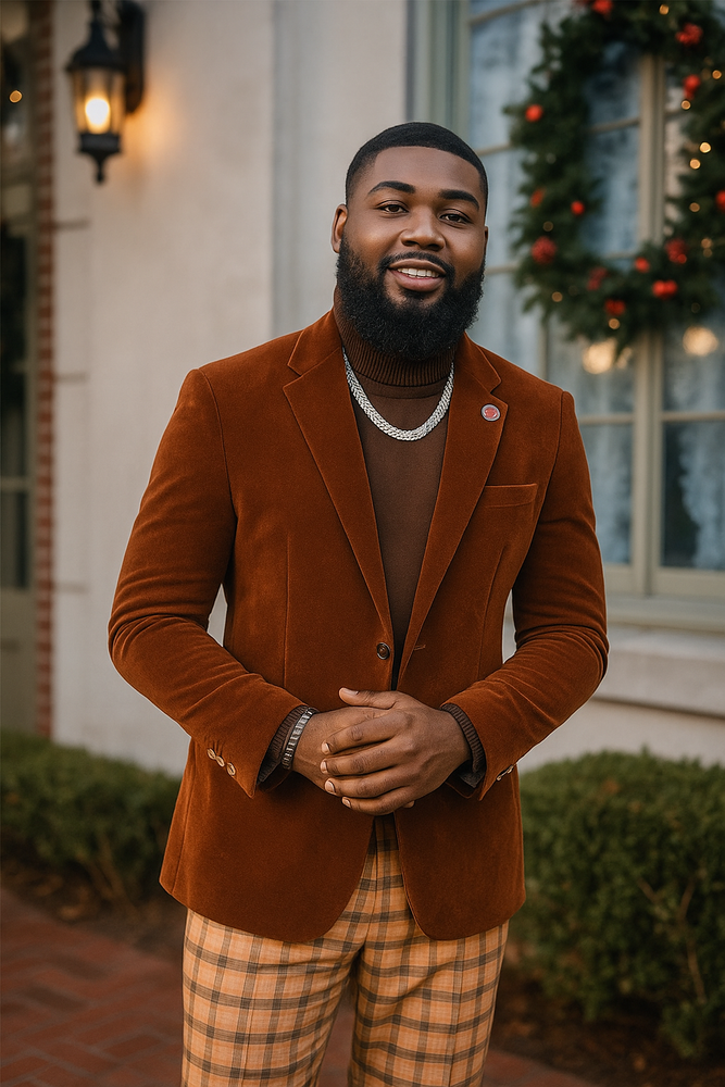 EJ Samuel | Modern Fit Velvet Blazer | Rust Light Brown Copper Color | 2-Button | Mens