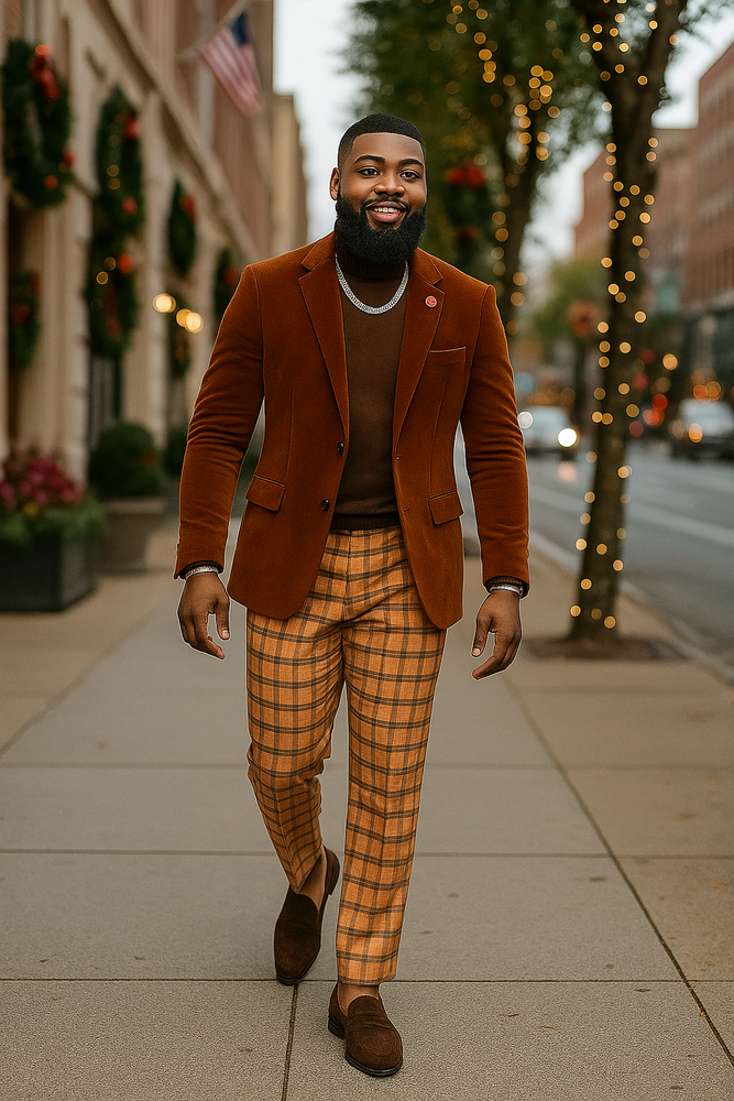 EJ Samuel | Modern Fit Velvet Blazer | Rust Light Brown Copper Color | 2-Button | Mens