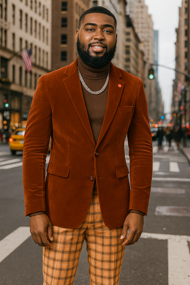 EJ Samuel | Modern Fit Velvet Blazer | Rust Light Brown Copper Color | 2-Button | Mens