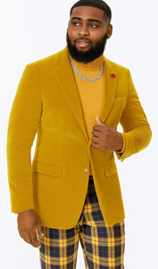 "EJ Samuel Mustard Velvet Blazer: Modern Fit, 2-Button Look"