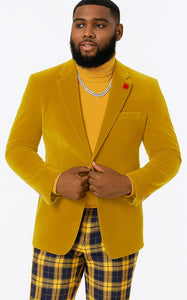 "EJ Samuel Mustard Velvet Blazer: Modern Fit, 2-Button Look"