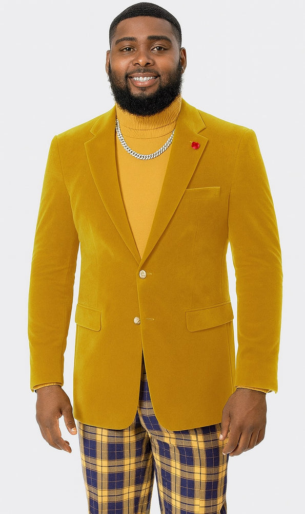 "EJ Samuel Mustard Velvet Blazer: Modern Fit, 2-Button Look"