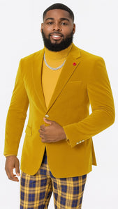 "EJ Samuel Mustard Velvet Blazer: Modern Fit, 2-Button Look"