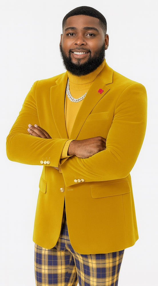 "EJ Samuel Mustard Velvet Blazer: Modern Fit, 2-Button Look"