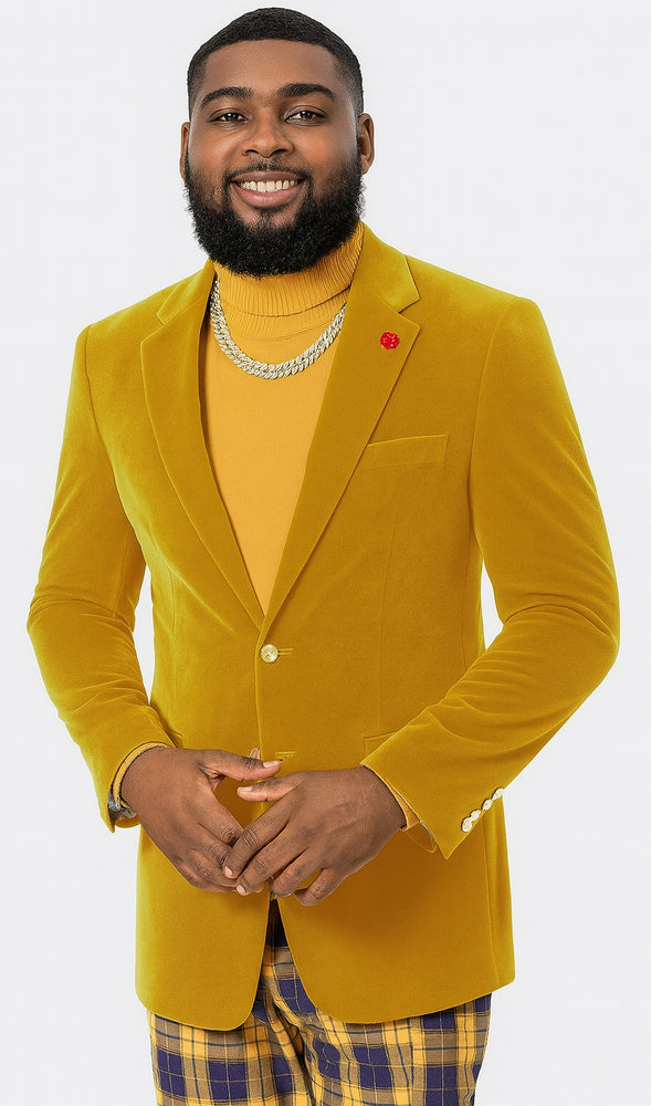 "EJ Samuel Mustard Velvet Blazer: Modern Fit, 2-Button Look"