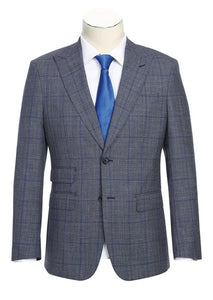 English Laundry 2-Piece Gray with Blue Windowpane Slim Fit Suit Wool Blend