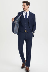 Men's Two Button Vested Stacy Adams Basic Designer Suit in Navy Blue