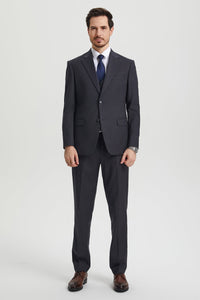 Men's Two Button Vested Stacy Adams Basic Designer Suit in Charcoal Grey