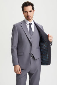 Men's Two Button Vested Stacy Adams Basic Designer Suit in Medium Grey