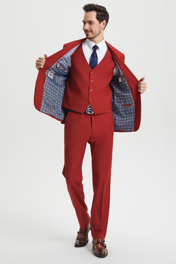 Men's Two Button Vested Stacy Adams Basic Designer Suit in Brick