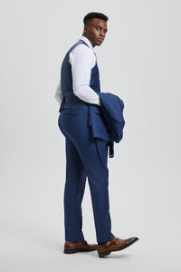 Men's Two Button Vested Stacy Adams Designer Sharkskin Suit in Blue
