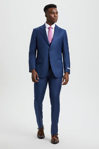 Men's Two Button Vested Stacy Adams Designer Sharkskin Suit in Blue