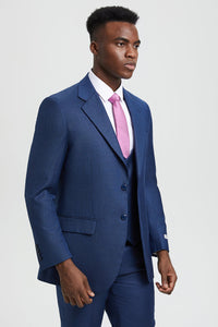 Men's Two Button Vested Stacy Adams Designer Sharkskin Suit in Blue