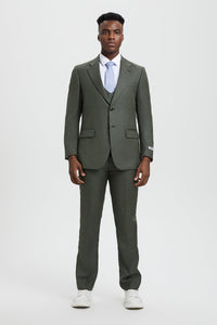 Men's Two Button Vested Stacy Adams Designer Sharkskin Suit in Olive Green