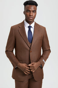 Men's Two Button Vested Stacy Adams Designer Sharkskin Suit in Cognac