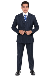 "Vinci Men's Double-Breasted Navy Gangster Bold Pinstripe Suit"