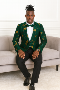 Tailors 

Tazio Tailors Men's Slim Fit Paisley Foiled Blazer - Hunter Green & Gold for Prom & Weddings