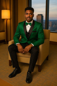 Mens Emerald Green Satin Tuxedo with Black Peak Lapel and Bow Tie – Formal Slim Fit Suit