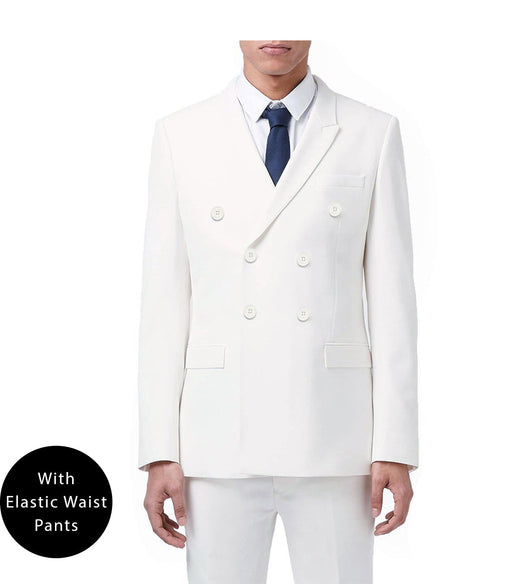 White Regular Fit Double Breasted 2 Piece Suit with Flexible Elastic Waistband