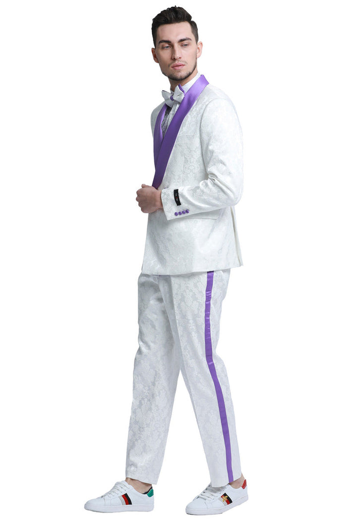 "Paisley Men's Slim Fit Double Breasted Smoking Jacket - White & Purple Wedding Tuxedo"