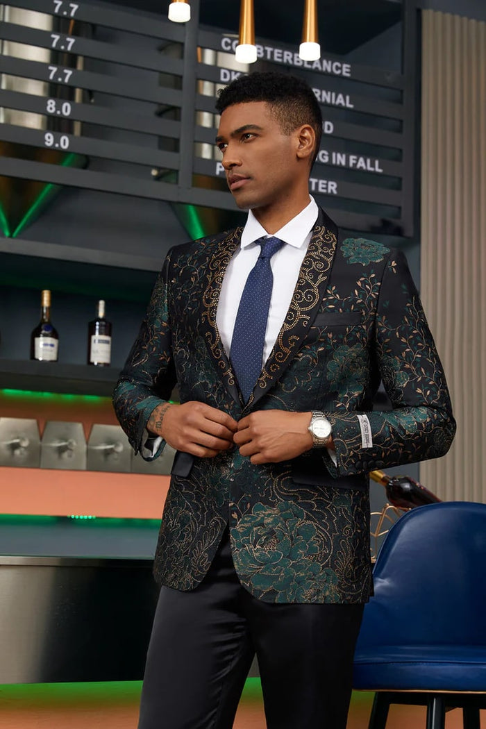 Green/Gold Prom Tuxedo Suit - Green/Gold Wedding Suit - Men's Stacy Adam's Designer Prom & Wedding Tuxedo Jacket In Green & Gold Floral Paisley