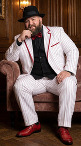 Men’s White and Black Pinstripe Zoot Suit, High Waist Formal Party Tuxedo Suit